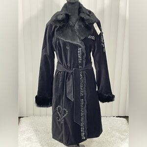 EBENE BY PATRICK ASSULINE Sevana Beaded Velvet Trench Coat Rabbit Fur Trim Black